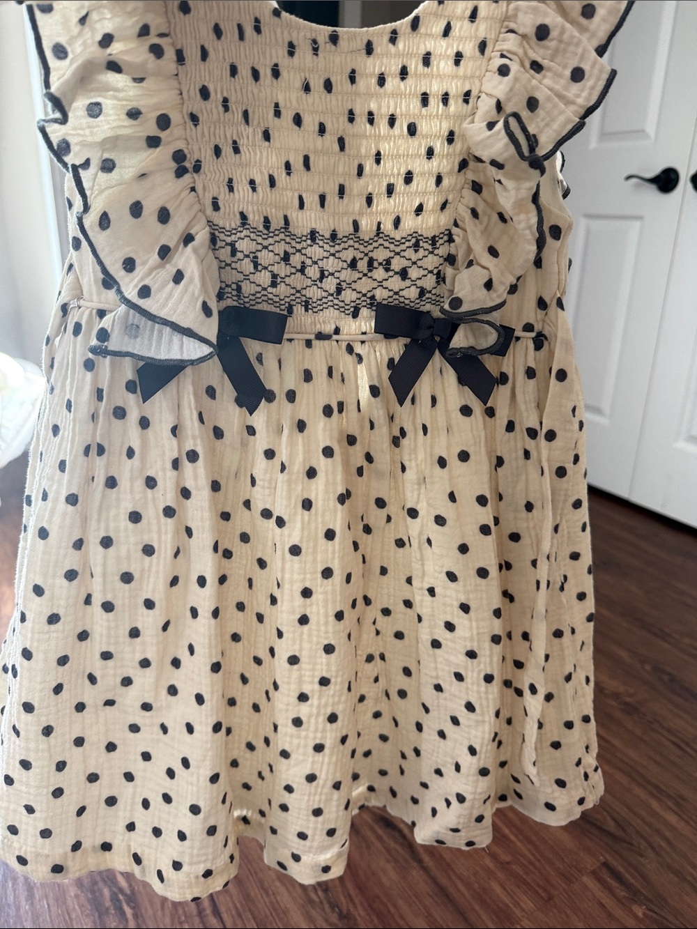 Bonnie Jean Cream Polka Dot Smocked Dress with Black Trim
